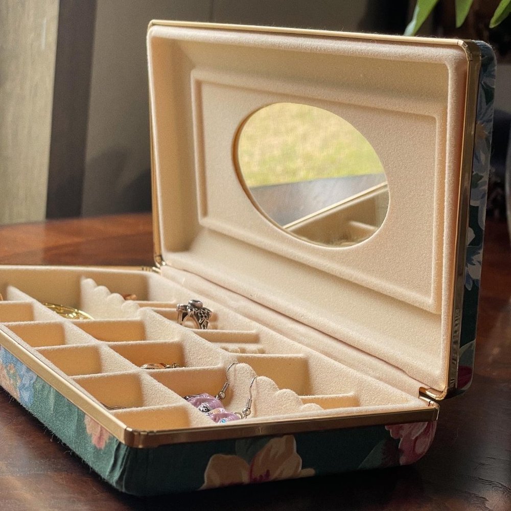 Floral Green Jewelry Clutch with Mirror- Vintage Jewelry Box, Hard Case Clutch